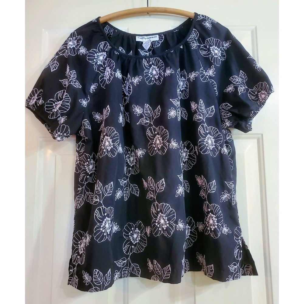 XL Cathy Daniels Black Embroidered Floral Short Sleeve‎ Cotton Blend Peasant Top